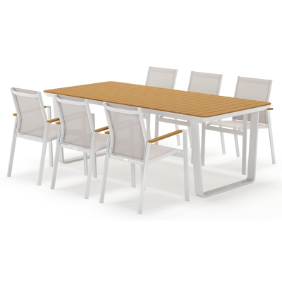 Alora tuinset rechthoekig in wit aluminium en polywood met 6 Bahia tuinstoelen