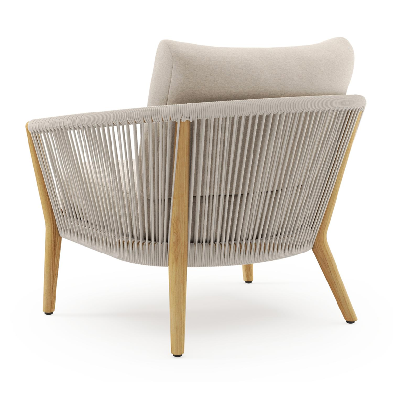 Orso loungestoel in teak en beige verticaal geweven ronde rope met Heritage Ash all weather sunbrella® luxe kussen