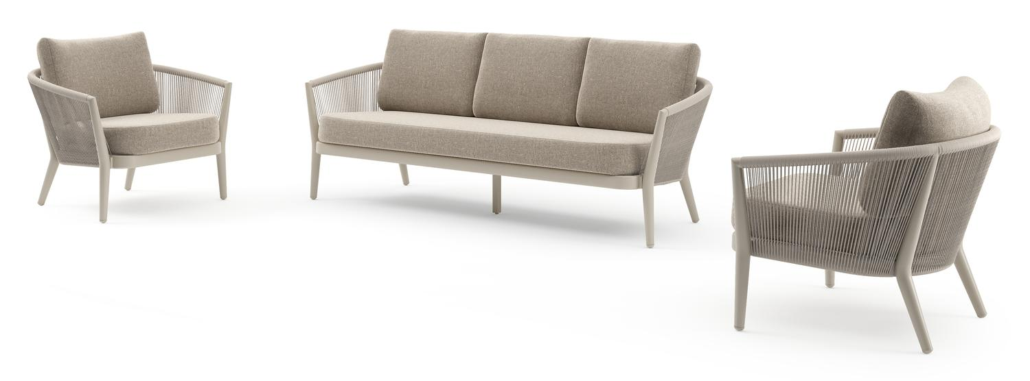 Orso loungeset in beige aluminium en beige verticaal geweven ronde rope met Chartres Pewter all weather sunbrella® luxe kussen