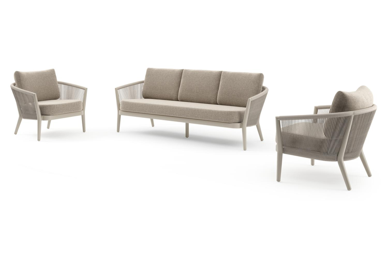 Salon de jardin Orso en aluminium beige en corde ronde tissée verticalement beige et coussins en all weather sunbrella® luxe Chartres Pewter