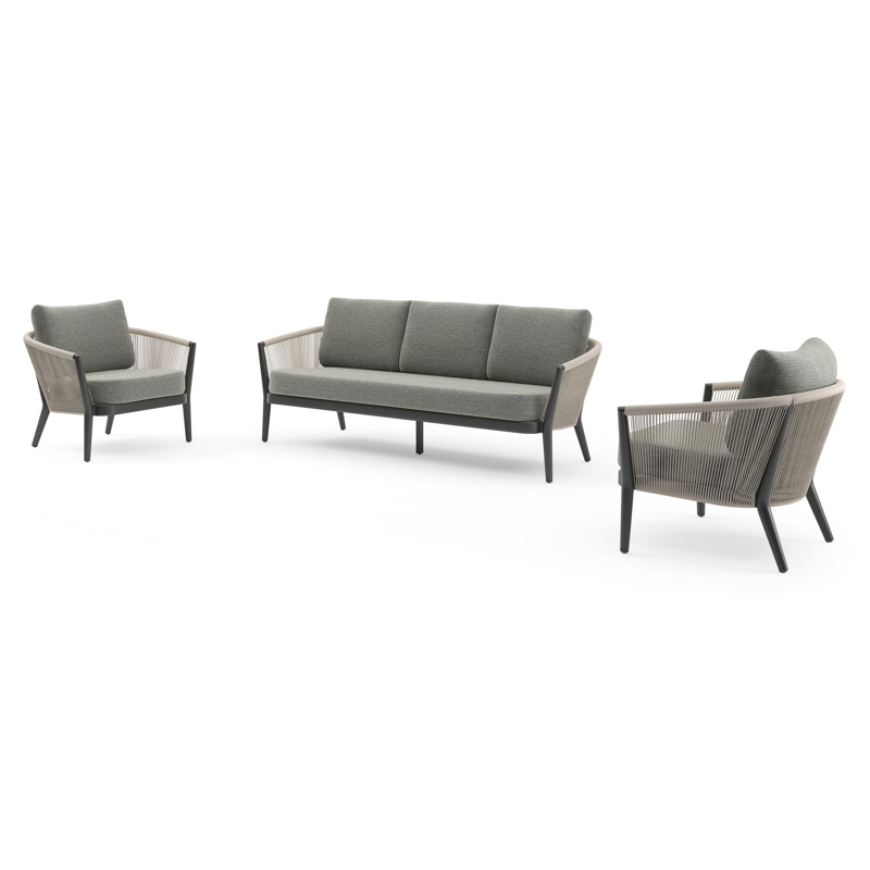 Orso loungeset in zwart aluminium en beige verticaal geweven ronde rope met Slow Fern all weather sunbrella® luxe kussen