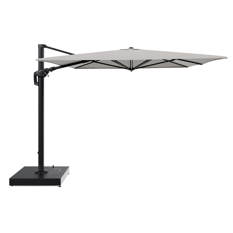 Minore zweefparasol met tiltfunctie in zwart aluminium en Firenze Sand All Weather Solica parasoldoek - L1 400 x L2 300 cm met parasolvoet Minore 260 kg met wielen