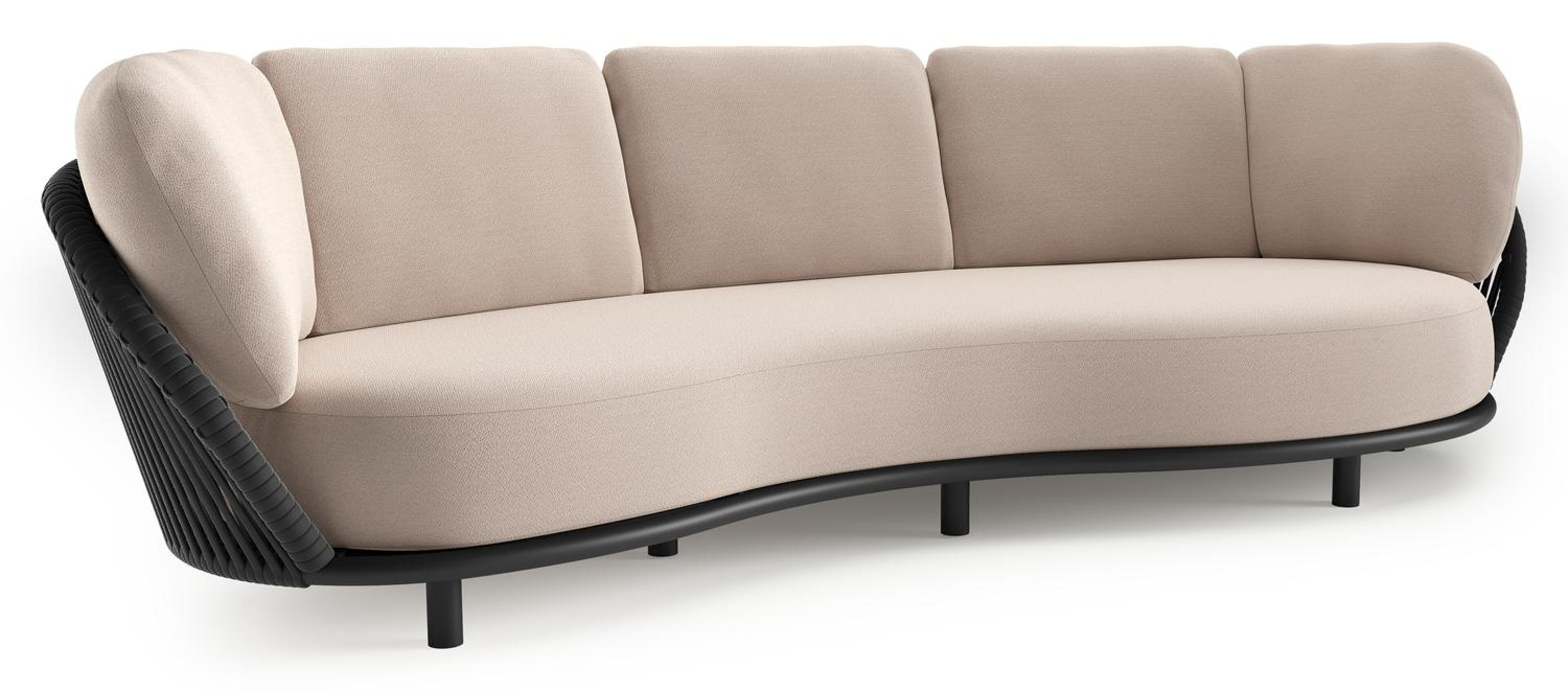 Lupino loungebank in zwart aluminium en zwart verticaal geweven luxe vlakke brede rope met wander pilat all weather sunbrella® luxe kussen