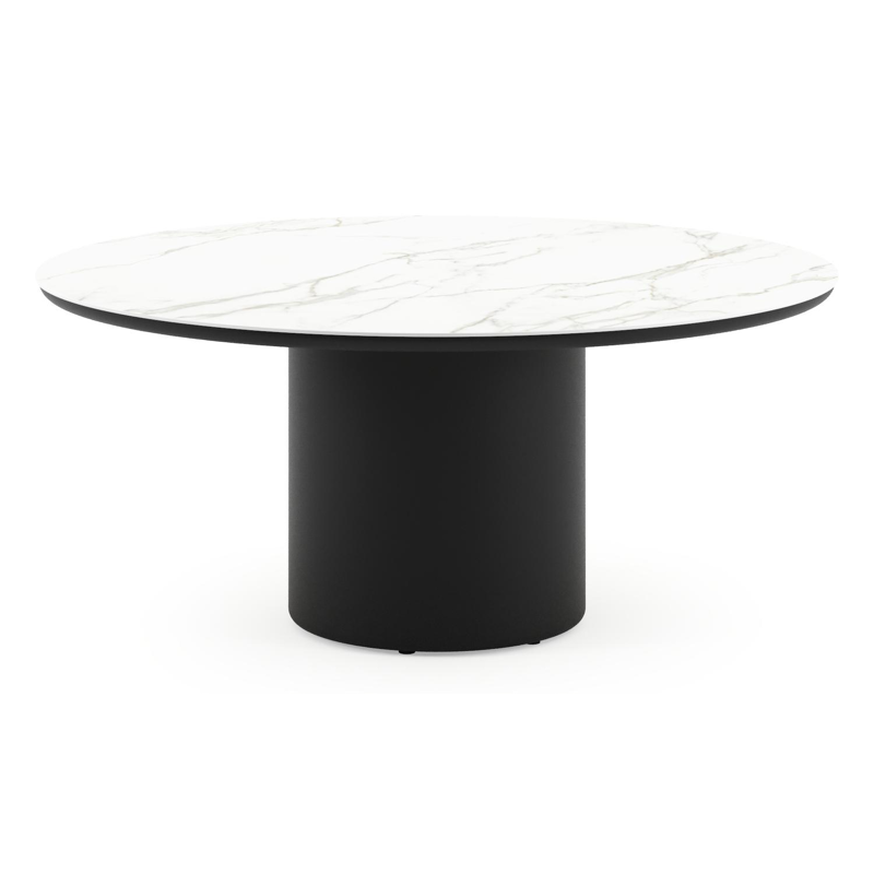 Amico low dining tuintafel rond in zwart aluminium en volkeramiek Calacatta - Dia. 148 x H 61 cm
