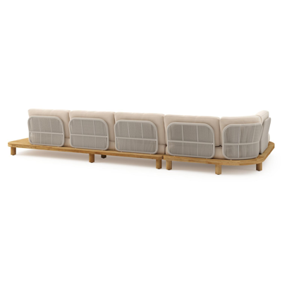 Donato loungehoek in teak en beige verticaal geweven ronde rope met all weather sunbrella® luxe Natte Linen Chalk kussen