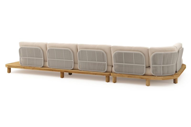 Donato loungehoek in teak en beige verticaal geweven ronde rope met all weather sunbrella® luxe Natte Linen Chalk kussen