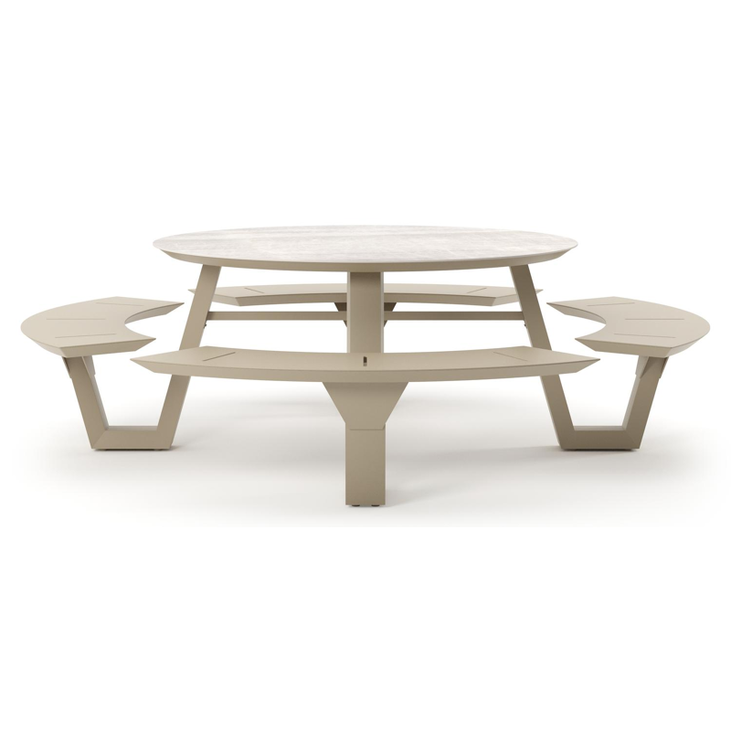 Rondino picknicktafel rond in beige aluminium en volkeramiek Taj Mahal - Dia. 236 x H 71.5 cm