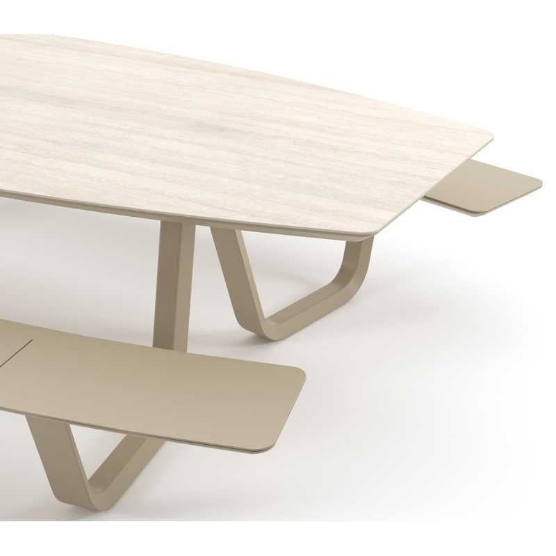Forno picknicktafel bootvorm in beige aluminium en volkeramiek Travertino Bianco - L 280 x B 192 x H 72 cm