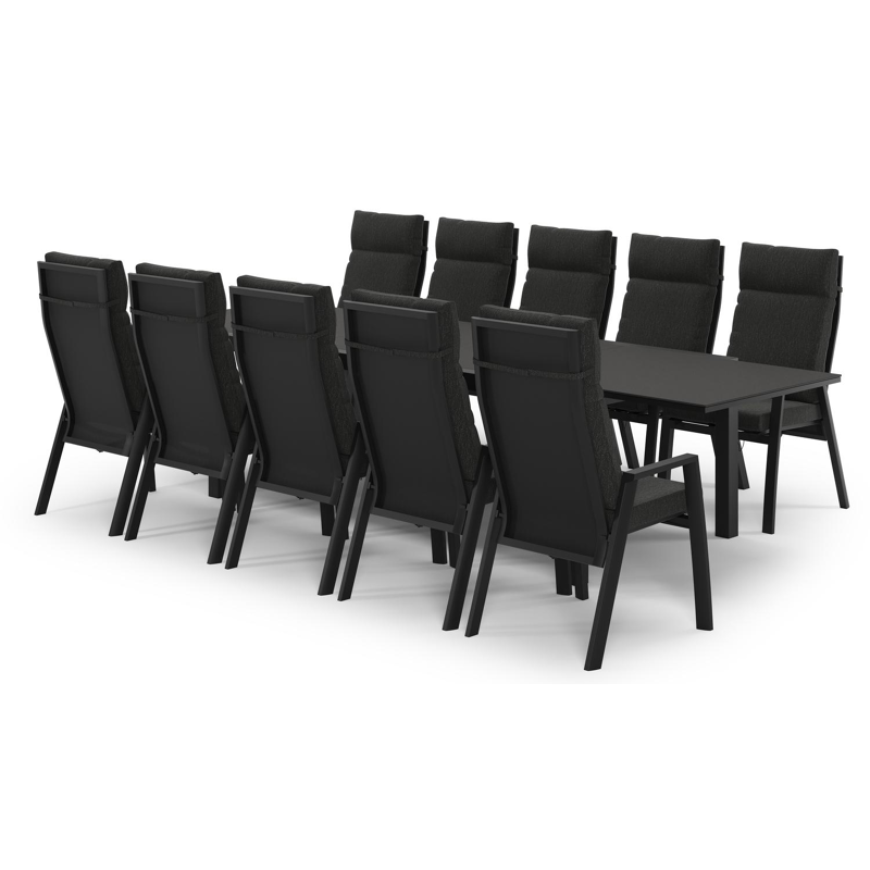 Ensemble de jardin Calobra extensible en aluminium noir et sintered stone notte minerale avec 10 chaises de jardin Leon