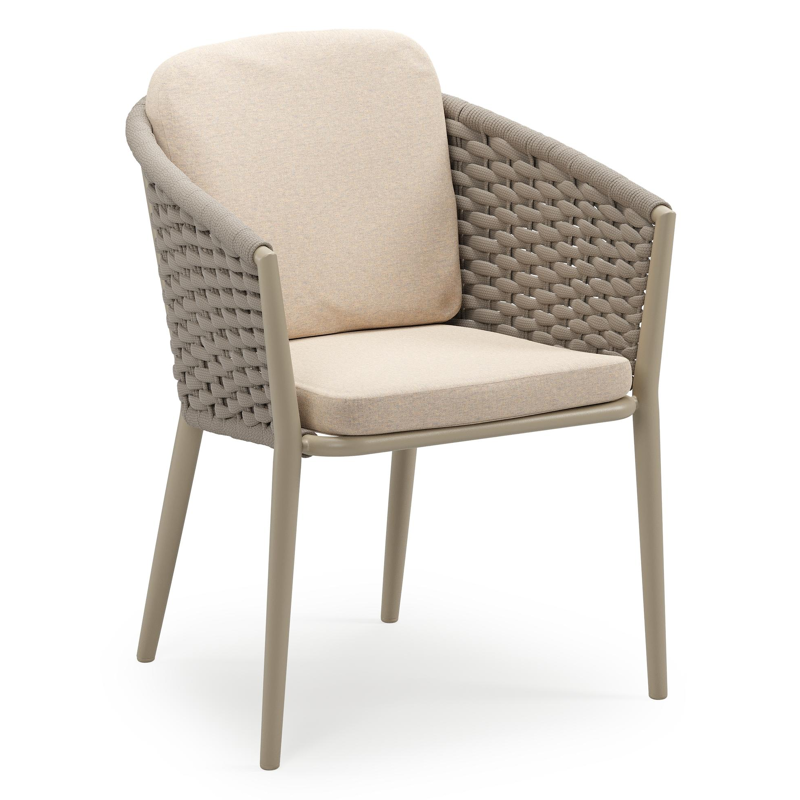 Orso stapelbare tuinstoel in beige aluminium en beige horizontaal geweven ronde rope met stoelkussen in All Weather Sunbrella® Luxe Heritage Papyrus