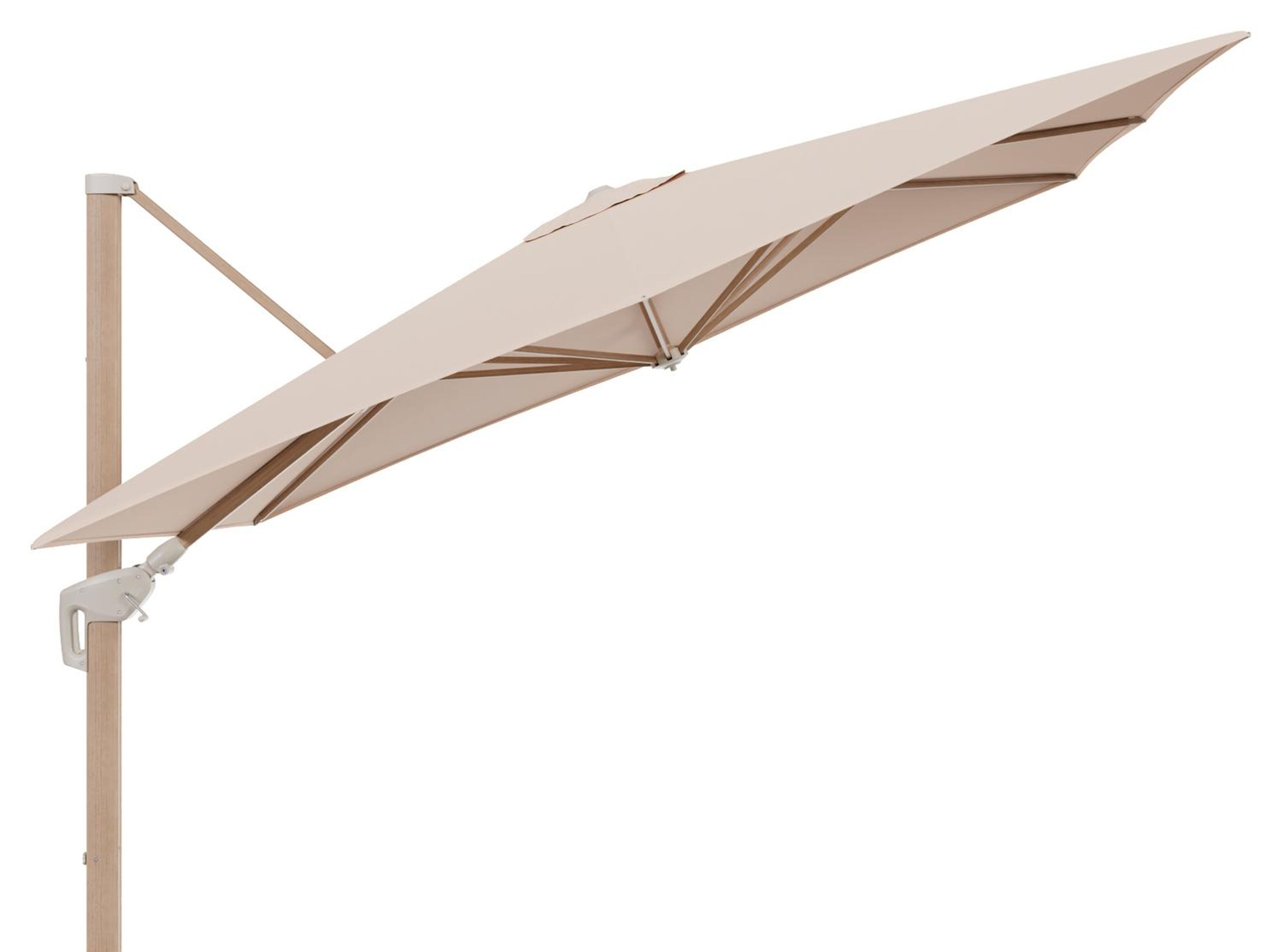 Minore zweefparasol met tiltfunctie in houtlook aluminium en Natte Linen Chalk All Weather Sunbrella® Luxe parasoldoek - L1 280 x L2 370 cm (zonder voet)