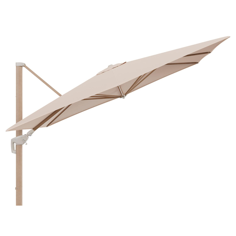 Minore zweefparasol met tiltfunctie in houtlook aluminium en Natte Linen Chalk All Weather Sunbrella® Luxe parasoldoek - L1 280 x L2 370 cm (zonder voet)