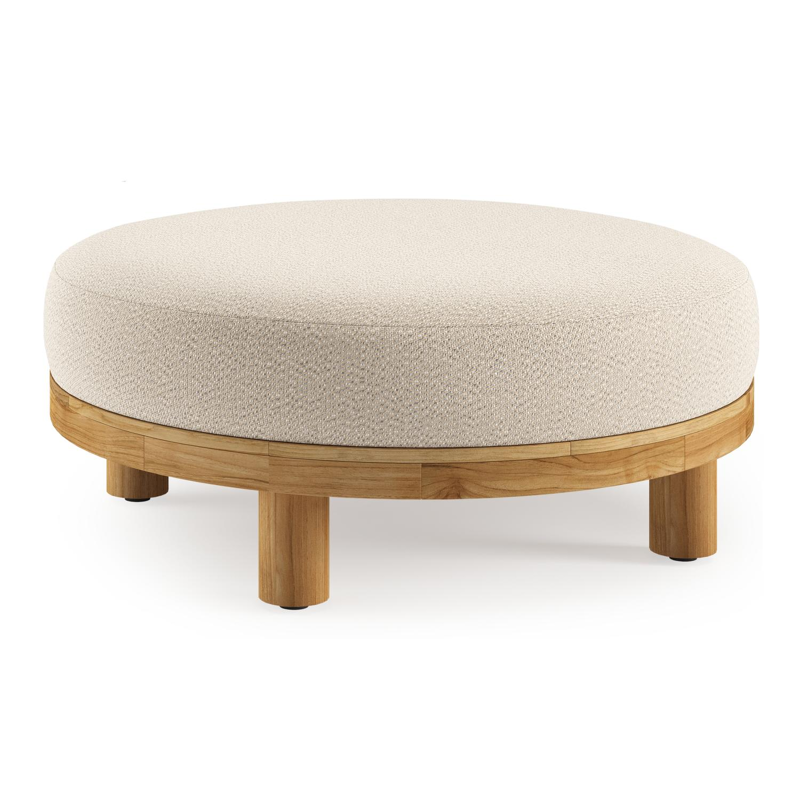 Donato lounge poef in teak en beige verticaal geweven ronde rope met all weather sunbrella® luxe Lopi Sand kussen