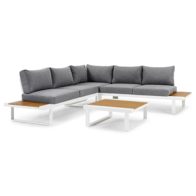 Salon de jardin d'angle Serado en aluminium blanc et polywood avec coussin en gris polyester et table basse