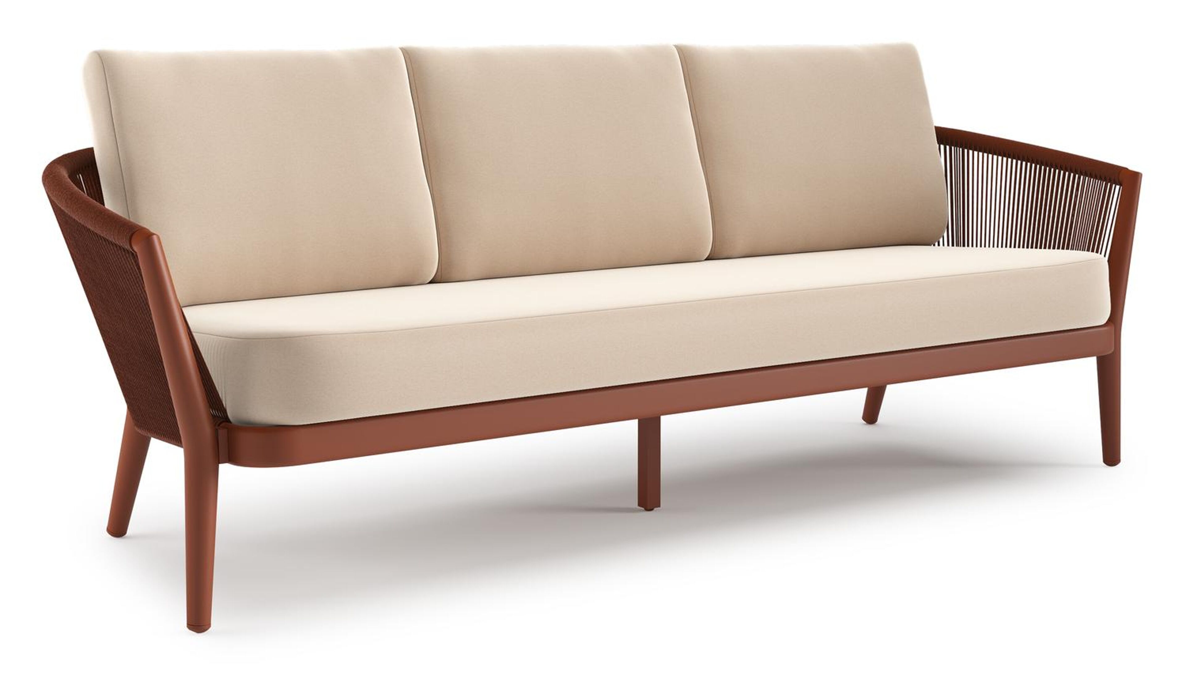 Orso loungebank in roestbruin aluminium en roestbruin verticaal geweven ronde rope met Natte Linen Chalk all weather sunbrella® luxe kussen