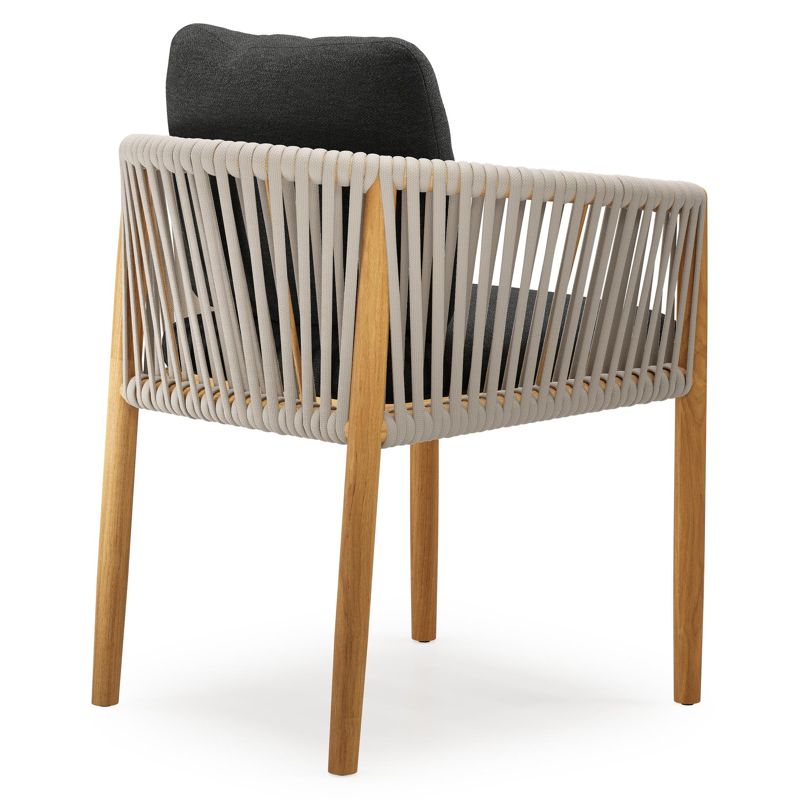 Organo tuinstoel in teak en beige verticaal geweven luxe vlakke rope met zitkussen in All Weather Sunbrella® Luxe Chartres Sooty