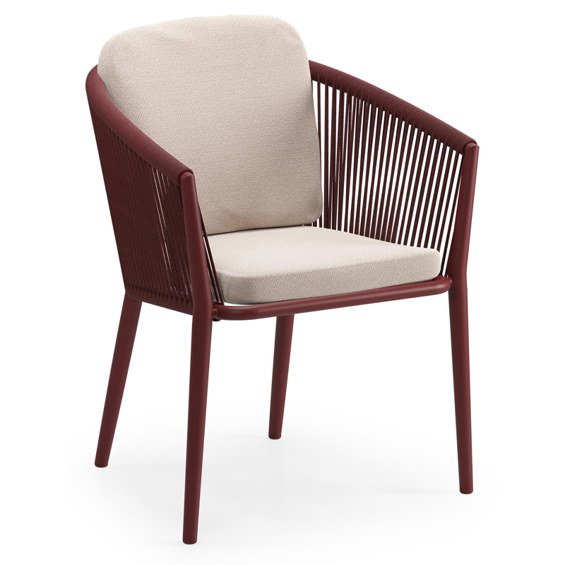 Orso tuinstoel in ruby aluminium en ruby verticaal geweven ronde rope met luxe zitkussen in All Weather Sunbrella® Luxe Wander Pilat