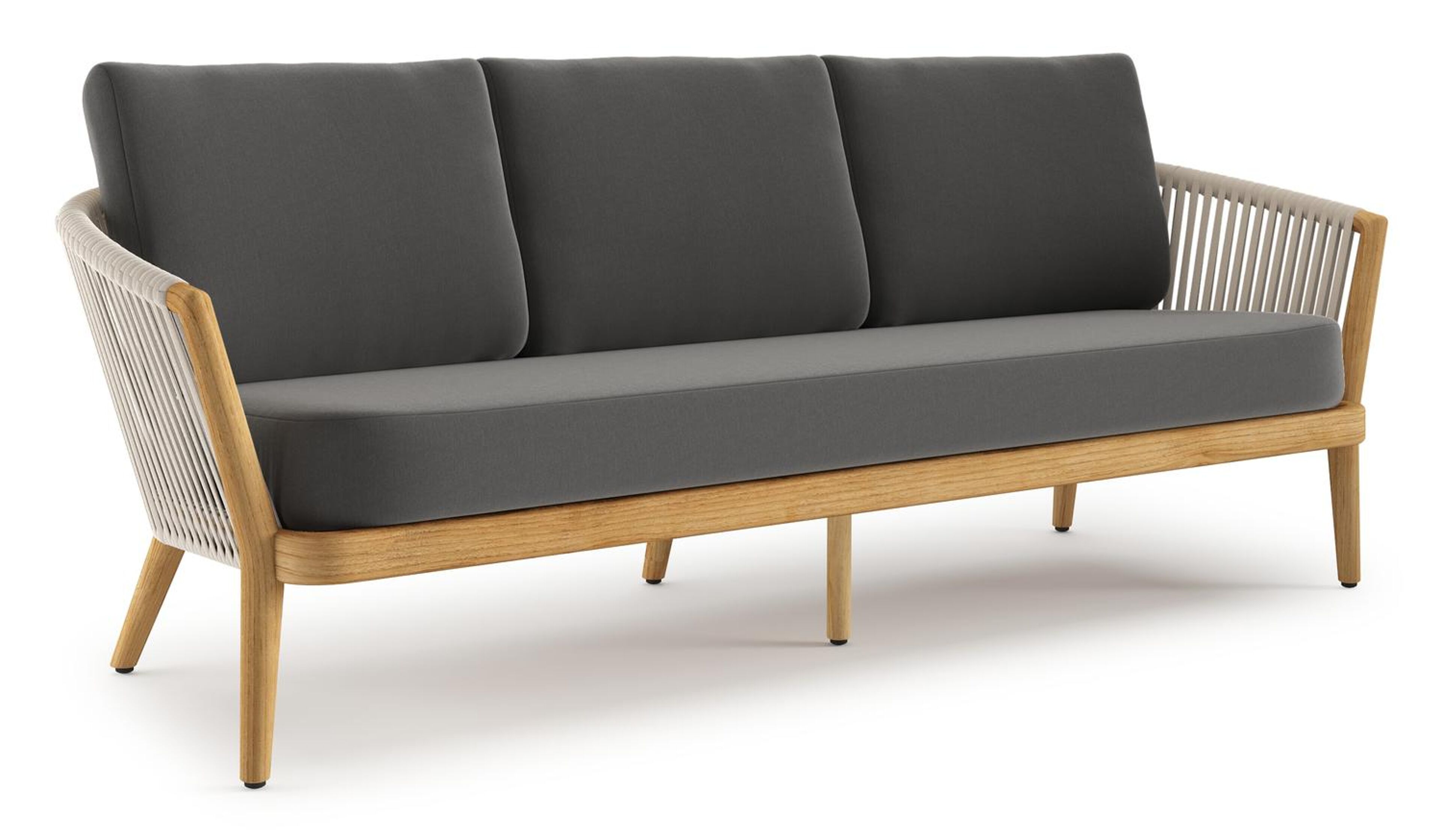 Orso loungebank in teak en beige verticaal geweven luxe vlakke rope met Natte Charcoal Chine all weather sunbrella® luxe kussen