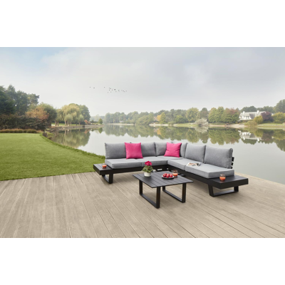 Salon de jardin d'angle Alora en aluminium noir avec coussins en polyester gris et table basse