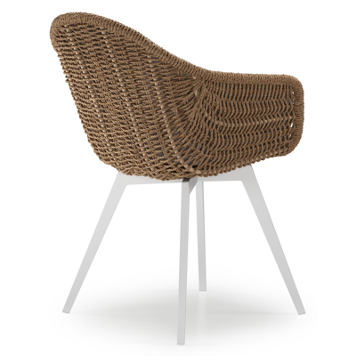 Chaise de jardin Pagino en aluminium blanc et résine tressée ronde brun avec coussin en All Weather Sunbrella® Luxe Wander Manioc