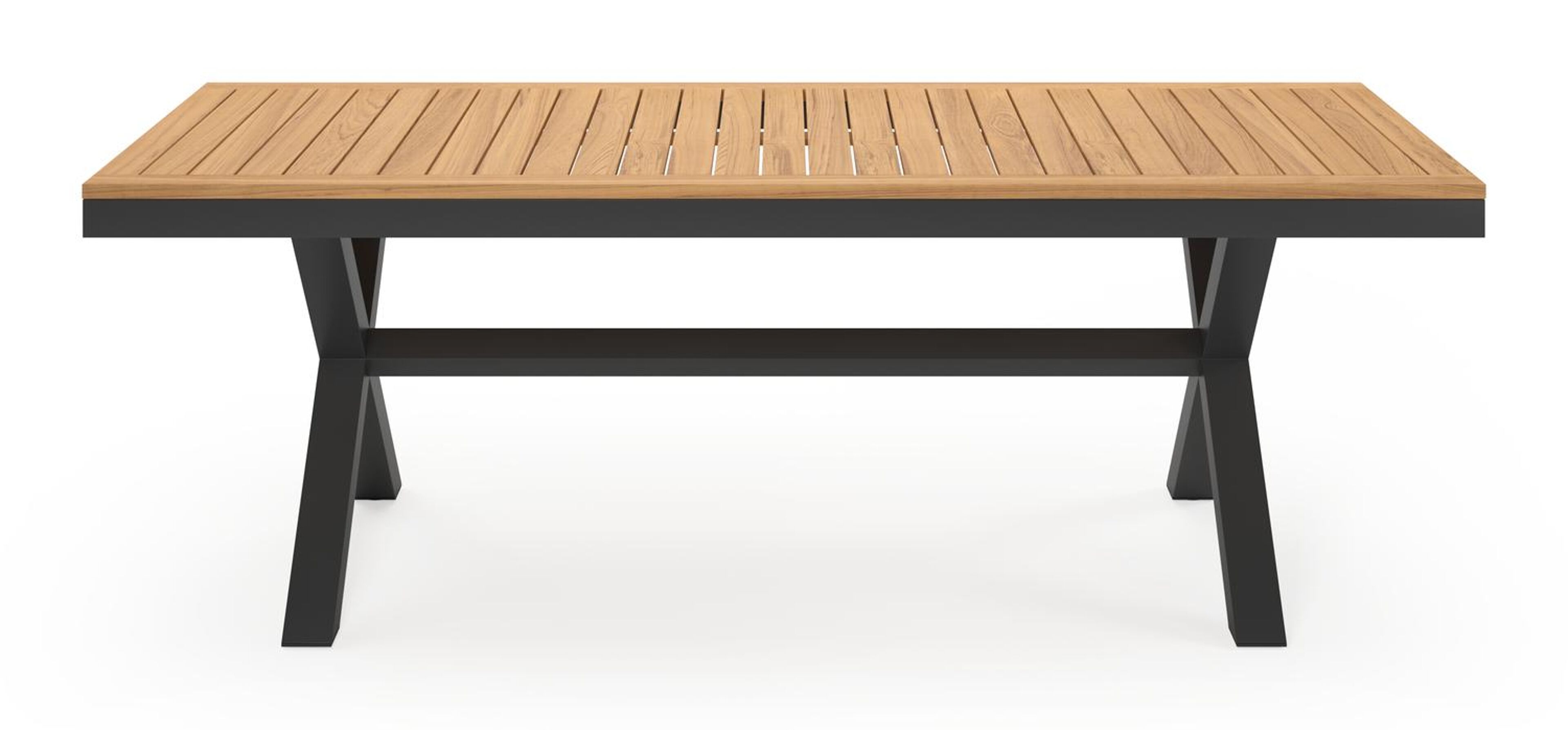 Reza tuinset in zwart aluminium en naturel teak tafelblad met 6 stapelbare Madura tuinstoelen