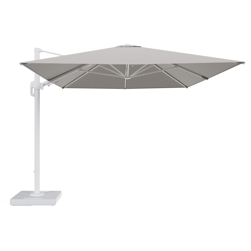 Rufina zweefparasol tiltfunctie in wit aluminium en parasoldoek in All Weather Solica Firenze Sand - L1 400 x L2 300 cm met parasolvoet Lapido 160 kg