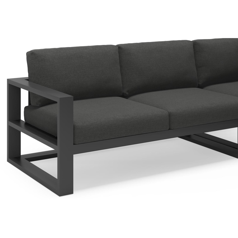 Verato loungehoek in zwart aluminium met tundra charcoal all weather sunbrella® luxe kussens