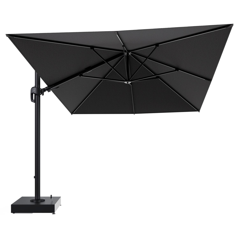 Rufina zweefparasol met tiltfunctie in zwart aluminium en Firenze Tunder All Weather Solica parasoldoek - L1 400 x L2 300 cm met parasolvoet Minore 150 kg met wielen