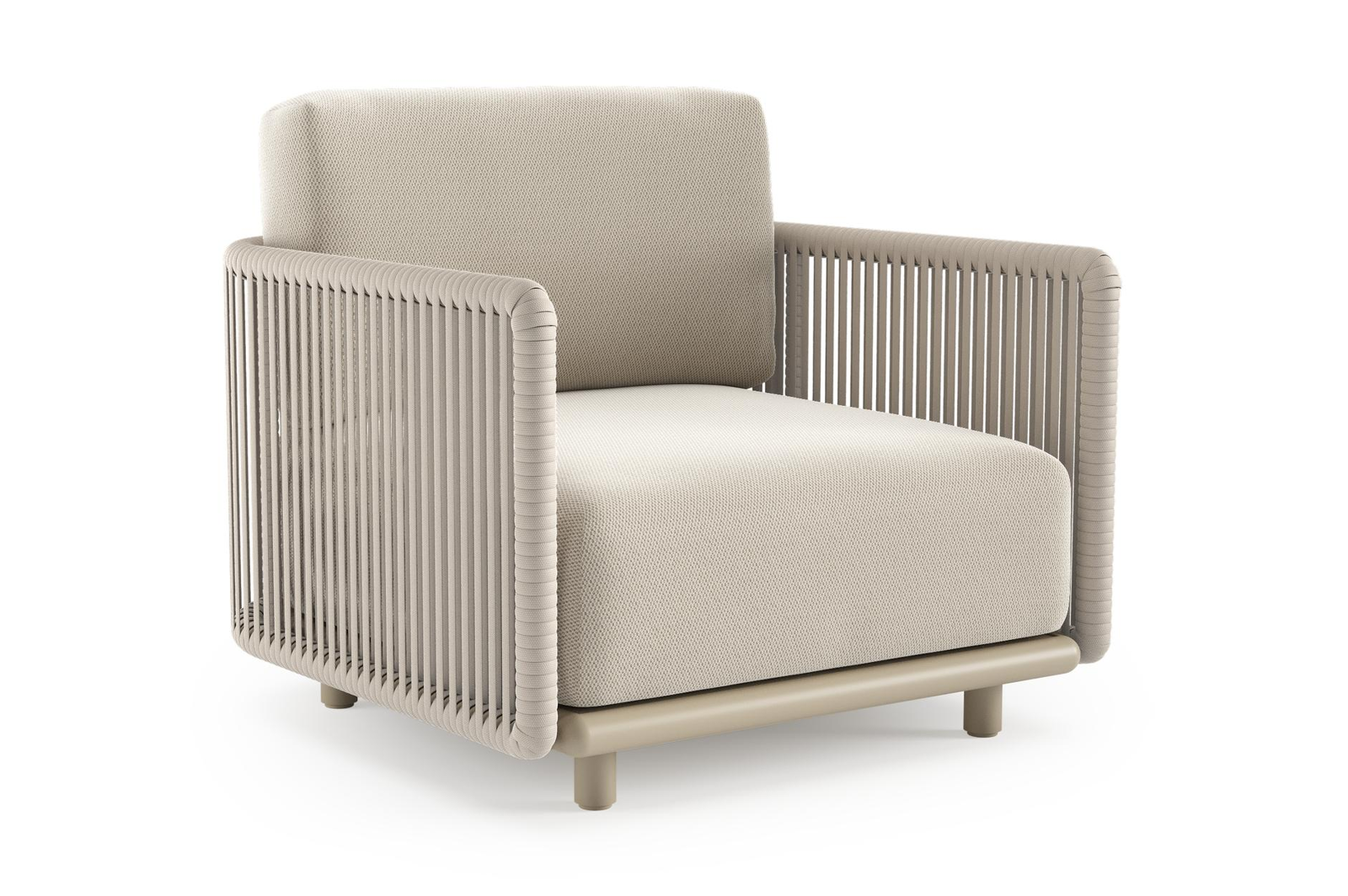 Fauteuil de jardin Organo en aluminium beige et corde luxe plate tissée verticalement beige et coussin en all weather Sunbrella® luxe lopi marble