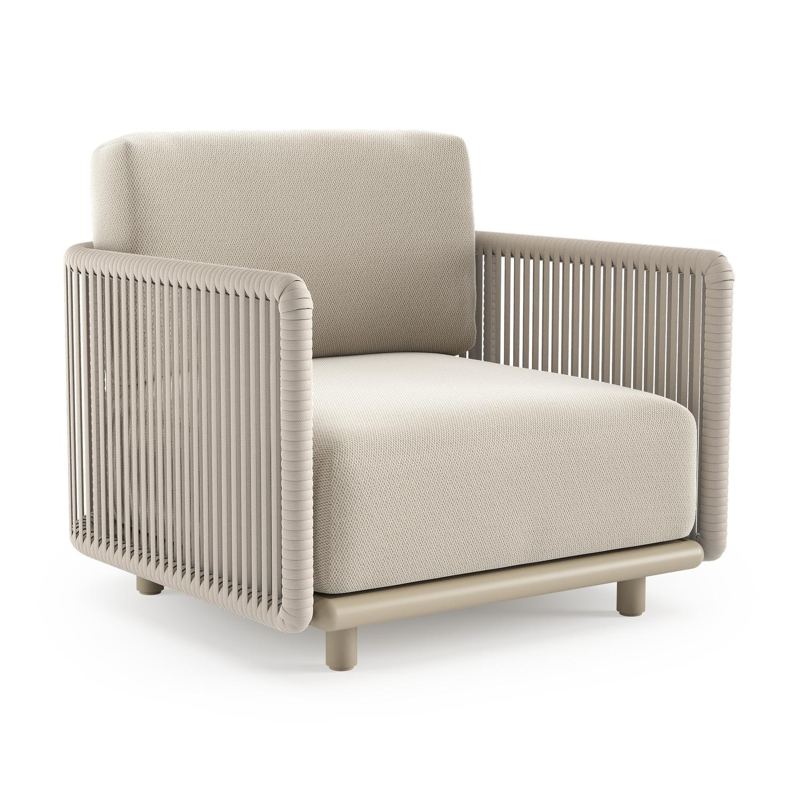 Fauteuil de jardin Organo en aluminium beige et corde luxe plate tissée verticalement beige et coussin en all weather Sunbrella® luxe lopi marble