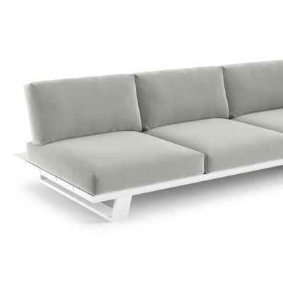 Canapé de jardin Pagino en aluminium blanc avec coussins en all weather sunbrella® luxe savane nimbus