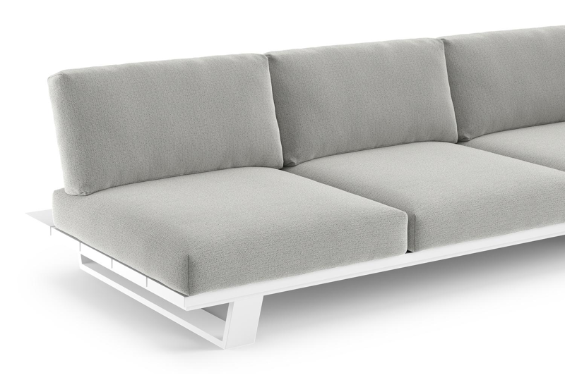 Canapé de jardin Pagino en aluminium blanc avec coussins en all weather sunbrella® luxe savane nimbus