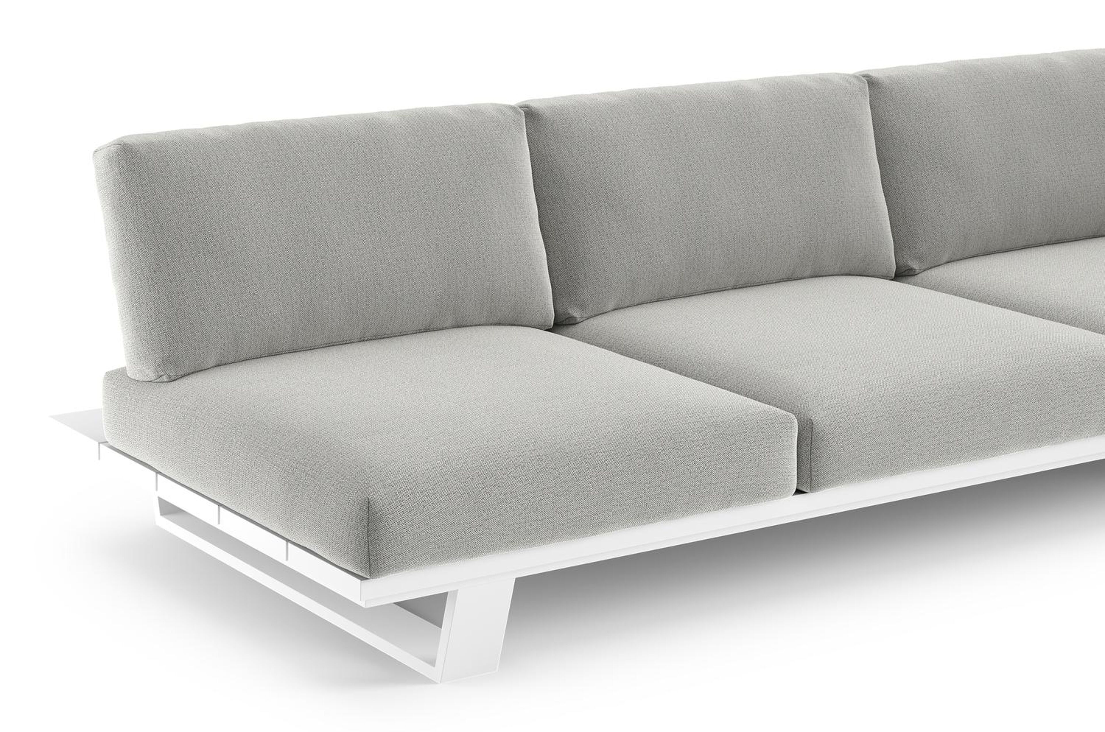 Canapé de jardin Pagino en aluminium blanc avec coussins en all weather sunbrella® luxe savane nimbus