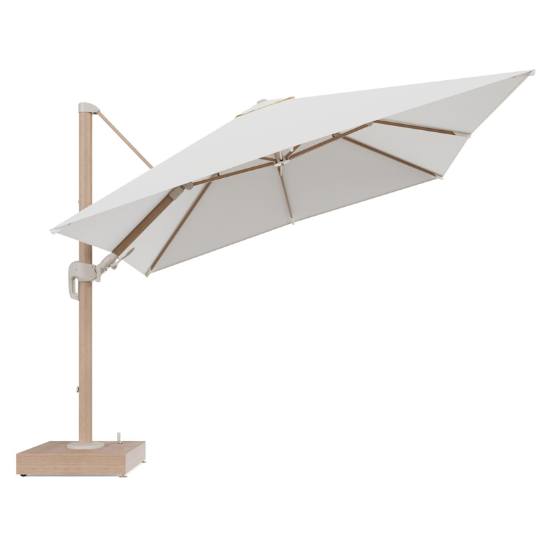 Rufina zweefparasol met tiltfunctie in houtlook aluminium en Natte White All Weather Sunbrella® Luxe parasoldoek - L1 300 x L2 300 cm met parasolvoet Minore 150 kg met wielen