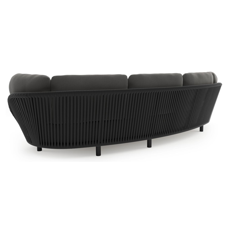 Lupino loungebank in zwart aluminium en zwart verticaal geweven luxe vlakke brede rope met natte charcoal chine all weather sunbrella® luxe kussen