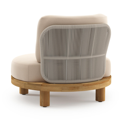 Donato loungestoel in teak en beige verticaal geweven ronde rope met all weather sunbrella® luxe Natte Linen Chalk kussen