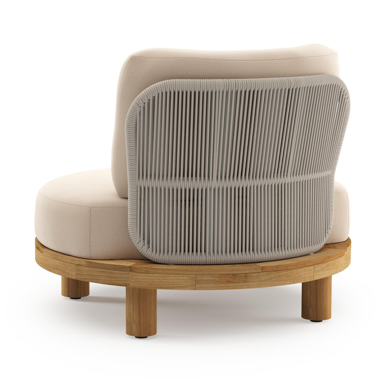 Donato loungestoel in teak en beige verticaal geweven ronde rope met all weather sunbrella® luxe Natte Linen Chalk kussen