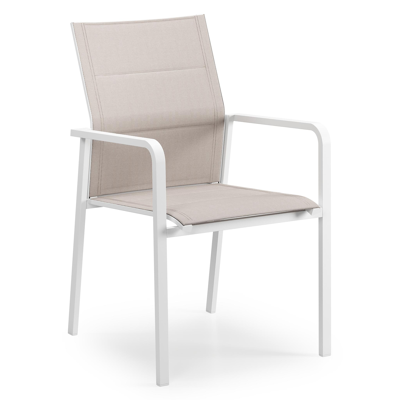 Como stapelbare tuinstoel in wit aluminium en beige dubbele textilene