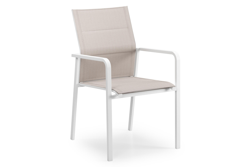 Como stapelbare tuinstoel in wit aluminium en beige dubbele textilene