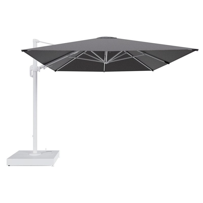 Rufina zweefparasol met tiltfunctie in wit aluminium en Firenze Tunder All Weather Solica parasoldoek - L1 400 x L2 300 cm met parasolvoet Minore 260 kg met wielen