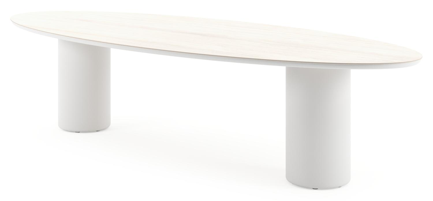 Amico tuintafel ovaal in wit aluminium en volkeramiek Travertino Bianco - L 320 x B 130 x H 73.5 cm