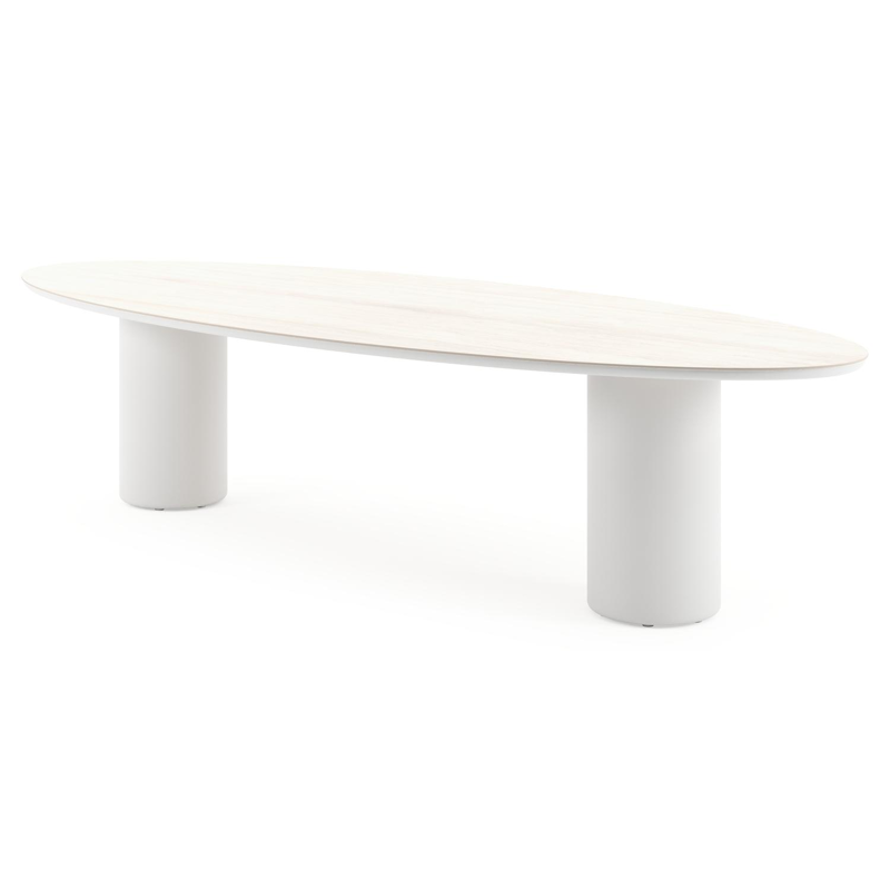 Amico tuintafel ovaal in wit aluminium en volkeramiek Travertino Bianco - L 320 x B 130 x H 73.5 cm