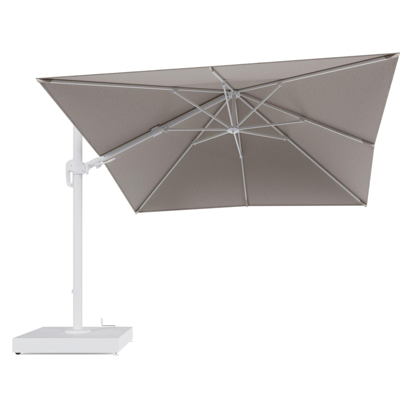 Rufina zweefparasol met tiltfunctie in wit aluminium en Slow Farafra All Weather Sunbrella® Luxe parasoldoek - L1 300 x L2 300 cm met parasolvoet Minore 260 kg met wielen