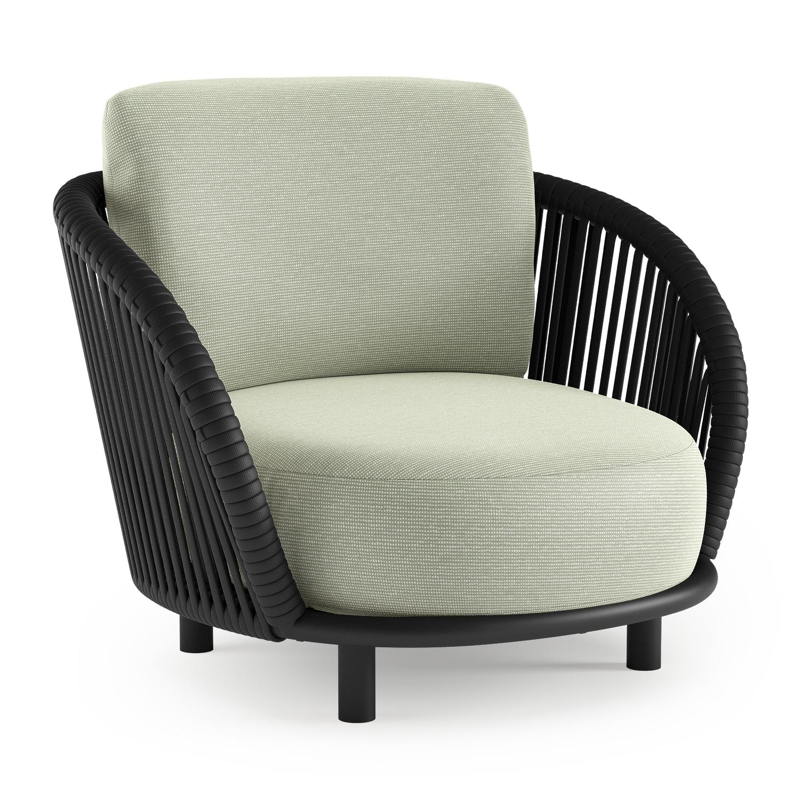 Lupino loungestoel in zwart aluminium en zwart verticaal geweven luxe vlakke brede rope met slow spirea all weather sunbrella® luxe kussen