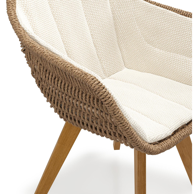 Pagino tuinstoel in teak en bruin ronde wicker met zitkussen in All Weather Cosytica Althea Off White