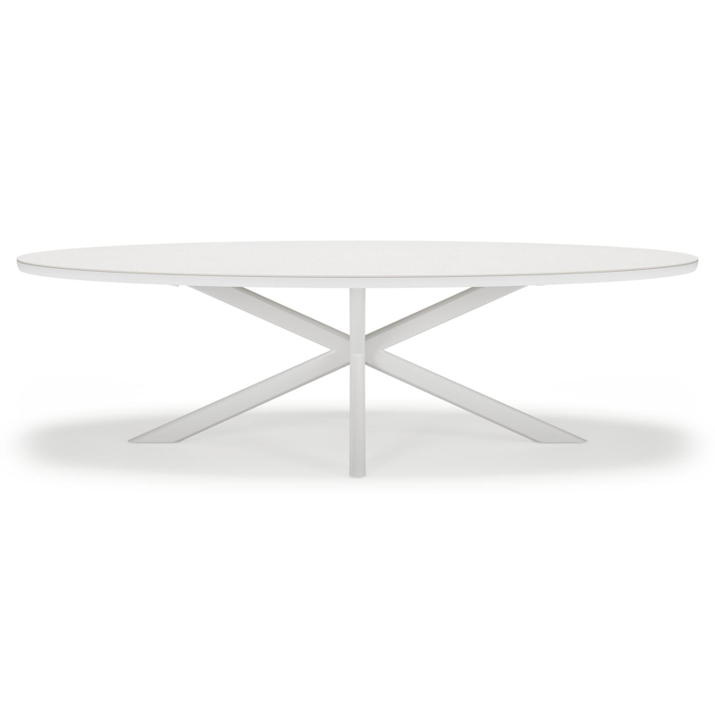 Pamplona ovale tuinset in wit aluminium en sintered stone topo minerale met 10 Amalfi tuinstoelen