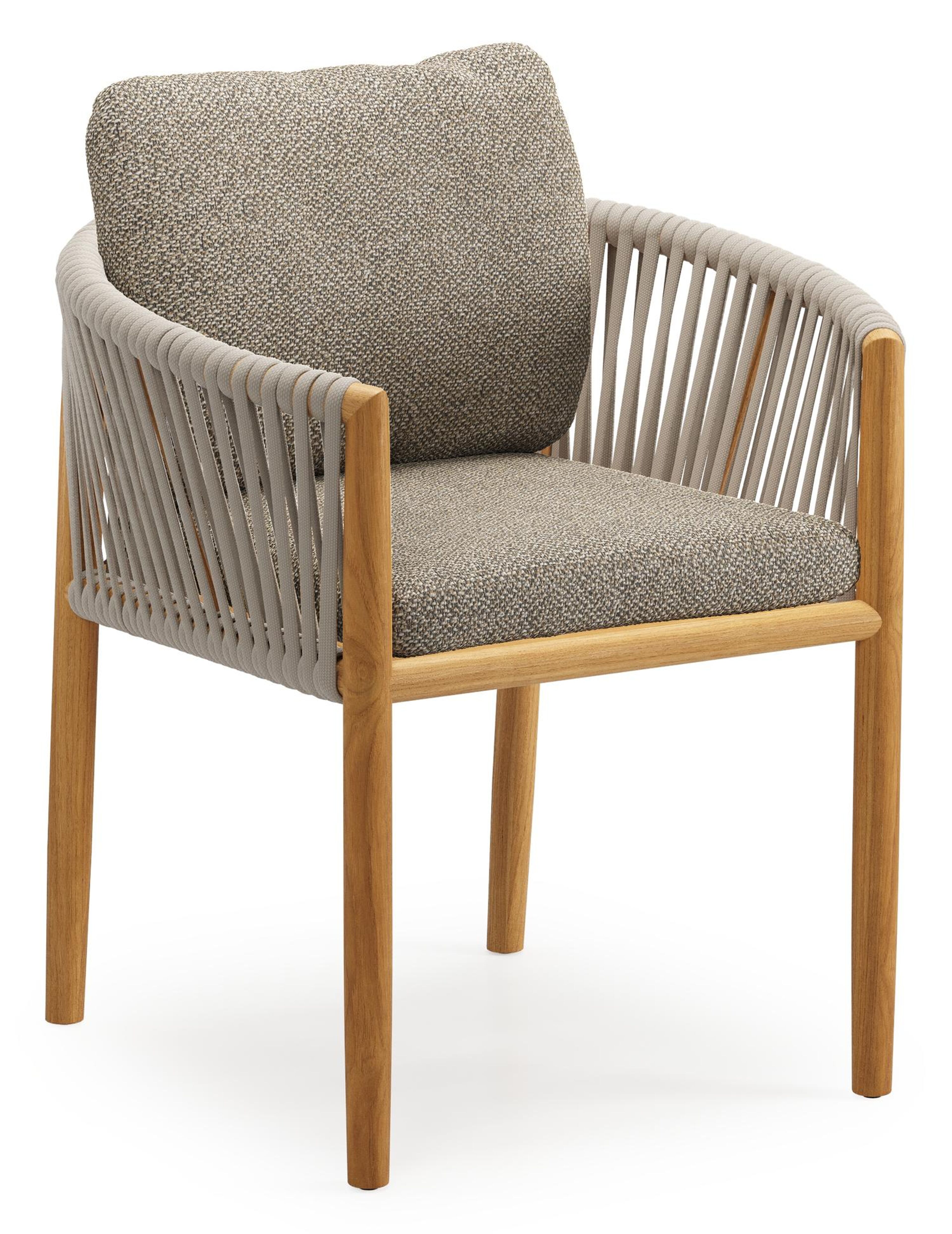 Organo tuinstoel in teak en beige verticaal geweven luxe vlakke rope met zitkussen in All Weather Cosytica Madagascar Burch