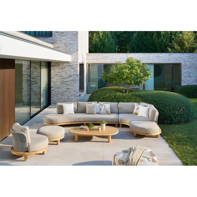 Salon de jardin d'angle Donato en teck et corde ronde tissée verticalement beige et coussins en all weather sunbrella® luxe Slow Alezan