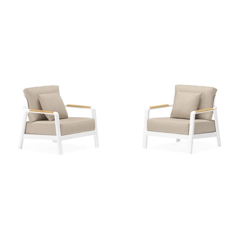 Set van 2 Salamanca loungestoelen 2 x 1-zit in wit aluminium en teak met desert weather+ softtouch kussen
