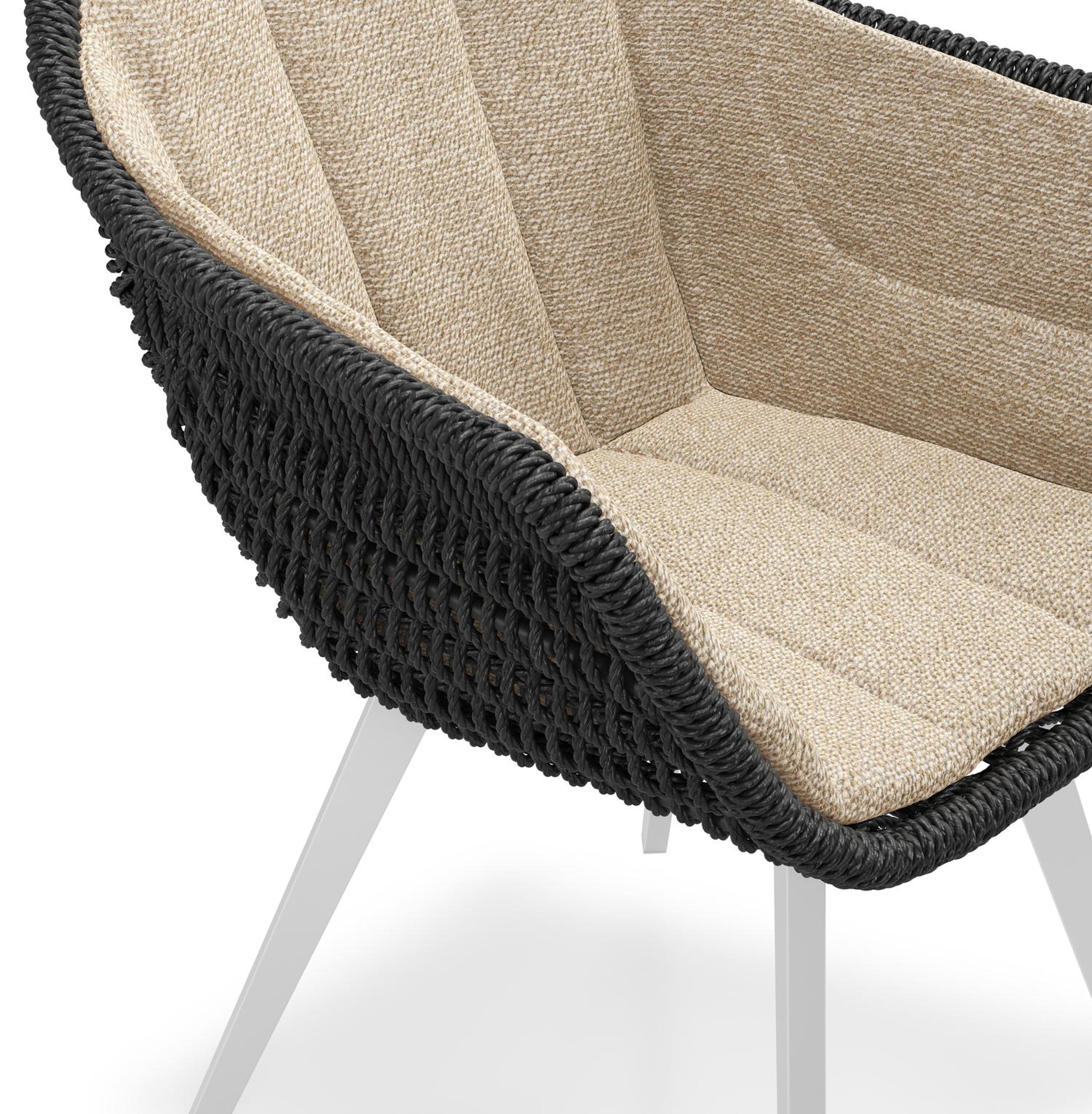 Pagino tuinstoel in wit aluminium en zwart ronde wicker met zitkussen in All Weather Cosytica Madagascar Oak